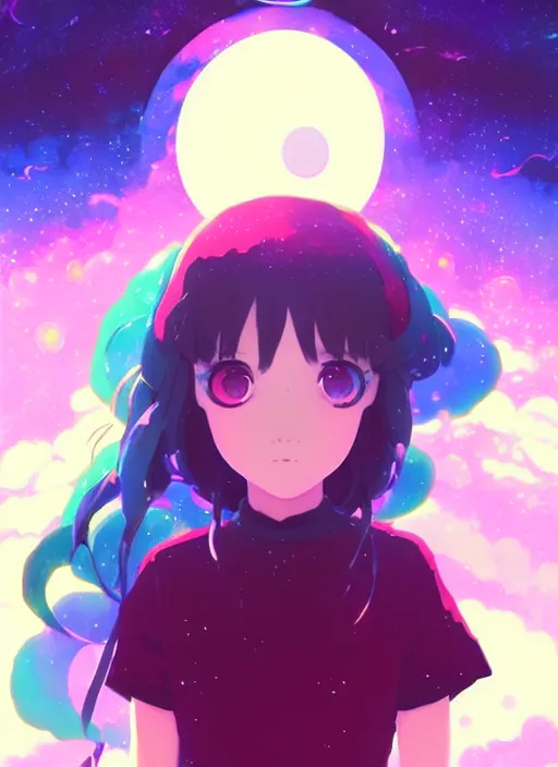 Image similar to portrait of a very cute girl with big eyes, very psychedelic space background illustration concept art anime key visual trending pixiv fanbox by wlop and greg rutkowski and makoto shinkai and studio ghibli and kyoto animation