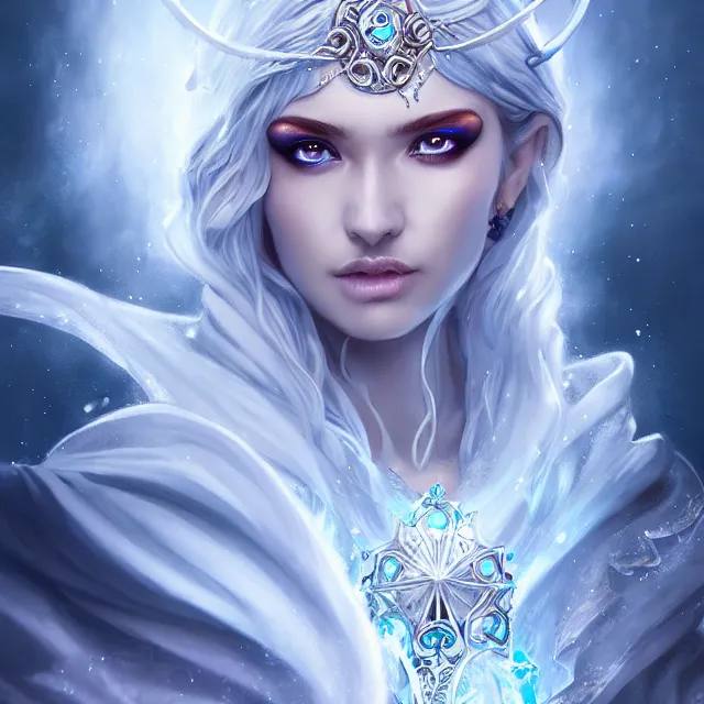 Prompt: beautiful elemental ice witch with ornate robes and staff, highly detailed, 4 k, hdr, smooth, sharp focus, high resolution, award - winning photo, artgerm, photorealistic