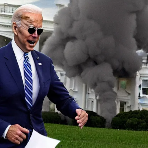 Prompt: Joe Biden running away from a missile strike in the front yard of the White House, big explosion behind him, people running behind out of focus