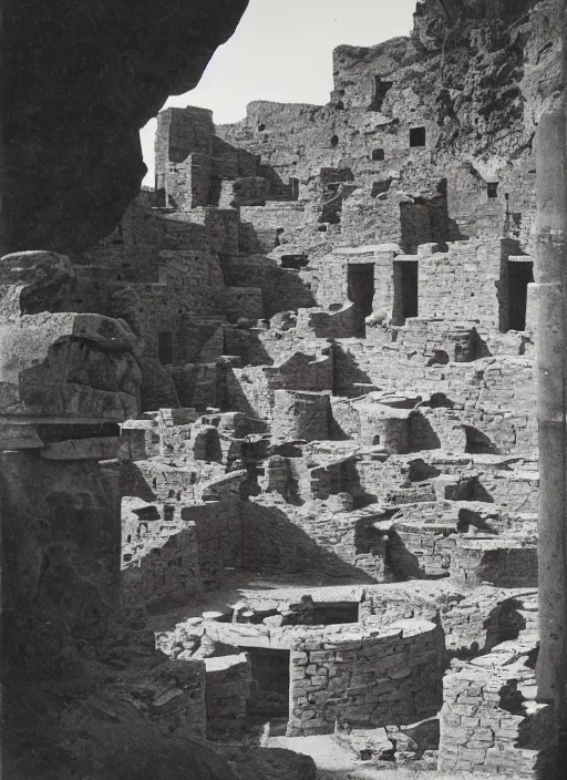 Image similar to Photograph of ancient pueblo ruins in a canyon, showing terraced gardens and lush desert vegetation in the foreground, albumen silver print by Timothy H. O'Sullivan.