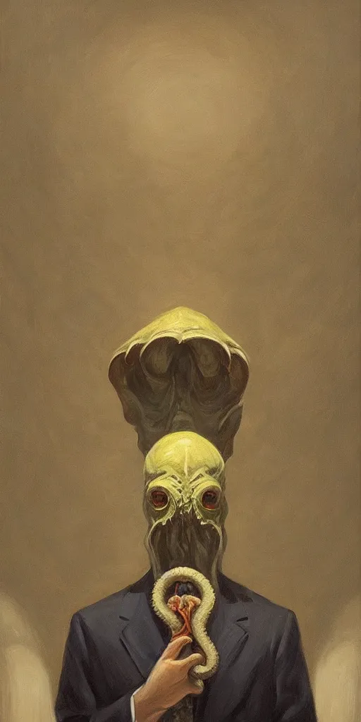 Image similar to a stunning and noble highly detailed portrait of cthulhu by josep tapiro baro and edward hopper, trending on artstation, oil painting masterpiece, symmetry, mysterious, very very very aesthetic