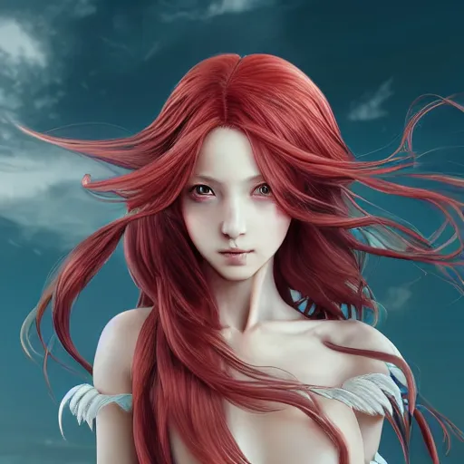 Prompt: a long - red - haired female knight as an absurdly beautiful, elegant, young sensual anime girl, floating in the sky, ultrafine hyperrealistic detailed face illustration by kim jung gi, irakli nadar, intricate linework, sharp focus, bright colors, matte, final fantasy, unreal engine highly rendered, global illumination, radiant light, intricate environment