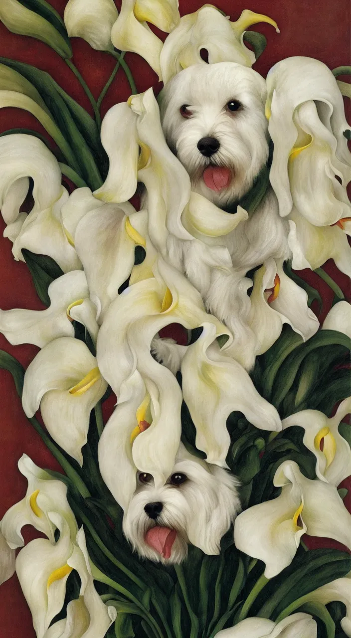 Prompt: portrait of a cream colored havanese dog with calla lillies, mexico, painting by diego rivera realism 1 9 3 5