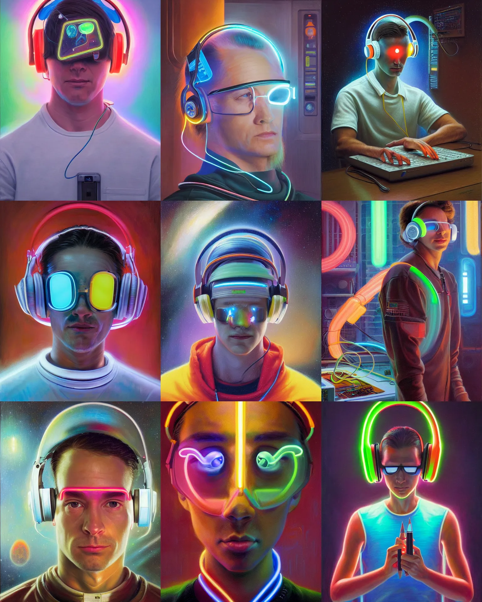 Prompt: future coder, glowing pencil thin visor over eyes and sleek neon headphones desaturated portrait painting by donato giancola, dean cornwall, rhads, tom whalen, alex grey, frans hals, astronaut cyberpunk electric fashion photography