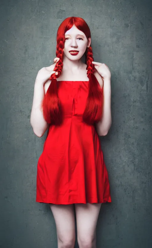 Image similar to photo portrait Red-haired 20-years old girl in a red dress, With two pigtails, green eyes and sliding face plates, standing on the dimly lit stage, realistic, photo, photorealistic, detailed, high quality, 8k, realism