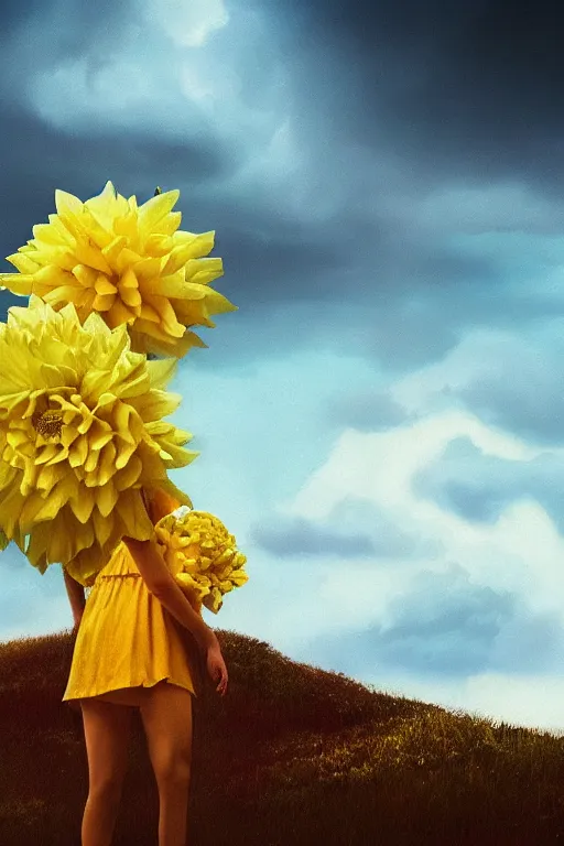 Image similar to closeup girl with giant yellow dahlia flower face, standing on mountain, surreal photography, blue storm clouds, dramatic light, impressionist painting, digital painting, artstation, simon stalenhag