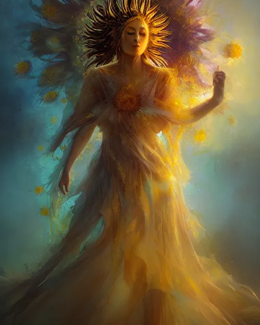 Image similar to Full View Portrait Mystical ethereal sunflower deity wearing beautiful dress, sunflower Dryad beautiful dress, 4k digital masterpiece by Greg Rutkowski and Ruan Jia and rossdraws, Alberto Seveso, fantasycore, Hyperdetailed, realistic oil on linen, soft lighting, Iconography background, featured on Artstation