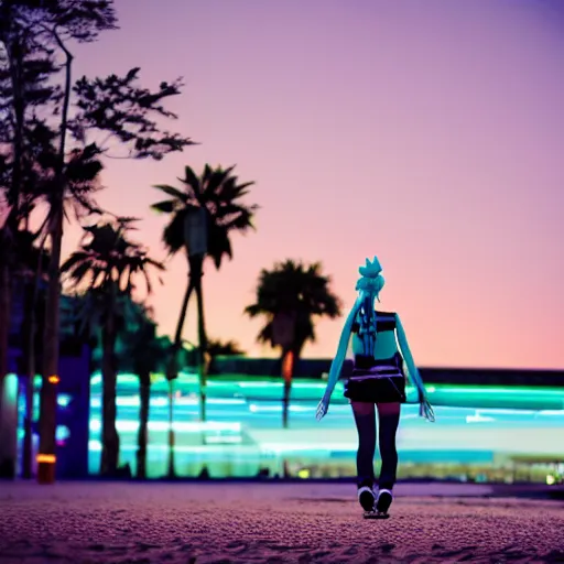 Image similar to photo of hatsune miku cosplayer takes a walk on late evening beach, f 2,4