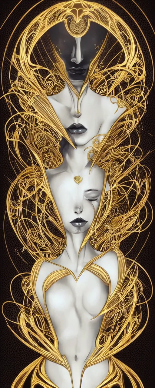 Prompt: beauty art nouveau woman, White and gold robotic, lasers making patterns in reflection of gold, trending on artstation, by Artgerm