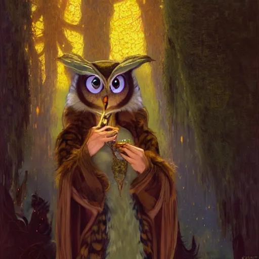 Prompt: a female owl owlwoman bird in magic robes at night in a dark forest. zootopia fursona furaffinity furry art detailed face painting by gaston bussiere craig mullins jc leyendecker gustav klimt artgerm greg rutkowski furry