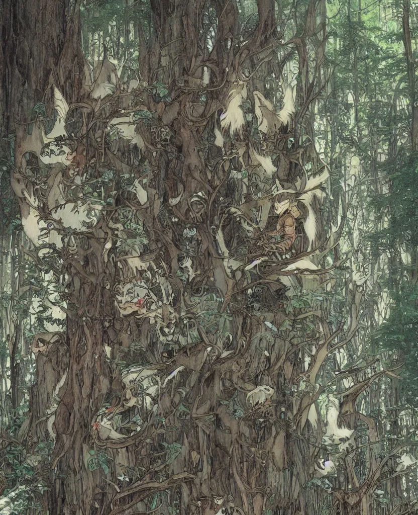 Image similar to Princess Mononoke, single figure, wolves, fully clothed in armor, lush fairy forest, neon, concept art, schematics, studio ghibli, gnarly trees, painted by norman rockwell, mucha, james gurney, high detail, denoised, sharp, architectural