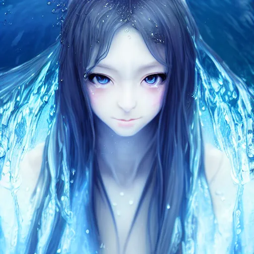 Image similar to advanced digital portrait painting photograph, a very beautiful anime girl wearing a dress made of water standing in a crystal lake turning into mist , full body, very long black hair, azure blue watery eyes, full round face, cinematic lighting, MCU, mid-shot, highly detailed, trending on artstation, Unreal Engine 4k, Stanley Artgerm Lau, WLOP, Rossdraws, James Jean, Andrei Riabovitchev, Marc Simonetti, and Sakimichan