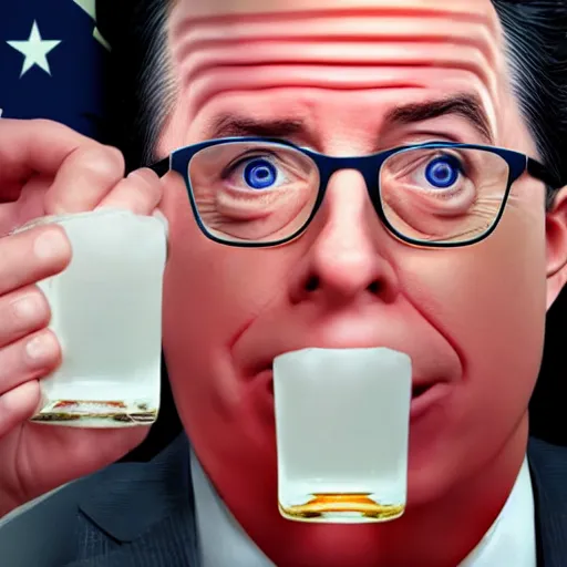 Image similar to stephen colbert face inside a clear beer bottle, 8 k, ultra realistic details