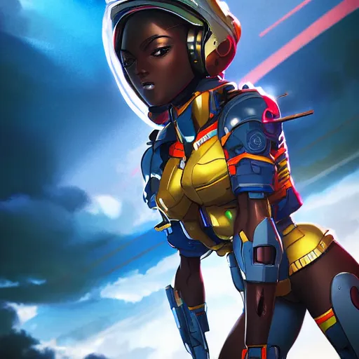 Image similar to portrait cartoon manga anime render of a strikingly gorgeous nigerian 👩🏿, wearing an intricate gundam pilot helmet, rossdraws, artgerm, norman rockwell, emiliano ponzi, epic composition, hd, octane, unreal engine, volumetric lighting, light rays, masterpiece, award - winning