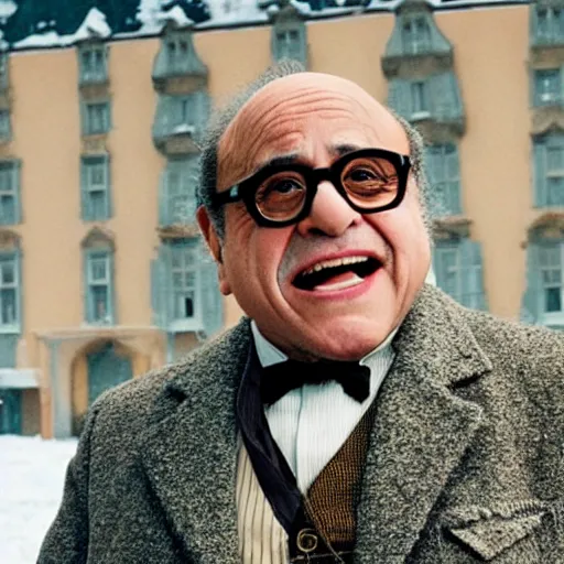 Prompt: A movie still of Danny Devito in The Grand Budapest Hotel