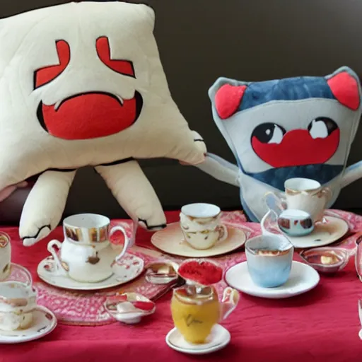 Image similar to adorable plushies from hell are having a tea party