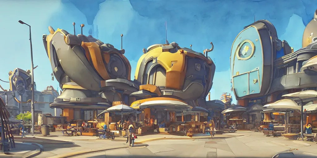 Image similar to overwatch building, stylized, exterior, architecture, in watercolor gouache detailed paintings, insanely detail, artstation, 8 k, futuristic, big medium small, arcane, simon stalenhag, food stall, interesting shapes & form, golden ratio, megastructures, vitaly bulgarov, mall