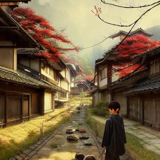 Image similar to walking around rural shirakawa - go, gifu, japan. volumetric lighting, spring late morning, nice slight overcast weather, realistic illustration, perfectly shaded, soft painting, art by krenz cushart and wenjun lin