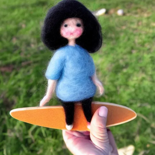 Prompt: a cute girl with curly black hair holding a skateboard from needle felting