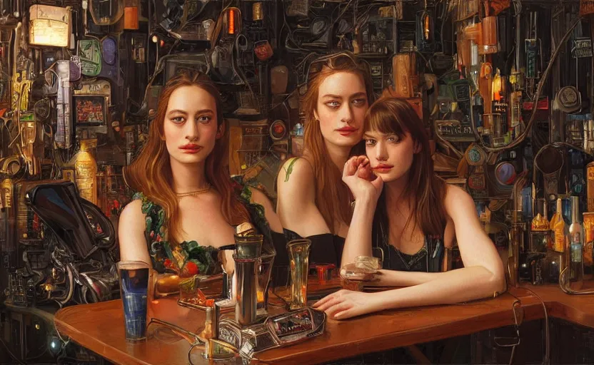 Prompt: sophisticated portrait of anne hathaway brie larson kat dennings, 1 9 8 0 s flower power hippy, very smoky cyberpunk paris bar, elegance, highly detailed, shallow depth of field, artstation, artgerm, moebius, dark cyberpunk neon atmosphere, donato giancola and joseph christian leyendecker