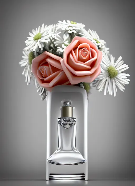 Prompt: perfume bottle standing in a miniature biomechanical white enchanted coral kingdom daisies, roses in an ivory room well contoured smooth fair walls, up close shot, sharp focus, global illumination, radiant light, alexandre ferra white mecha, irakli nadar, octane highly render, 4 k, ultra hd,