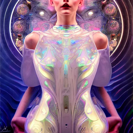 Prompt: psychedelic organic cyborg ballet, white holographic plastic, dramatic lighting, fantasy, intricate, elegant, highly detailed, lifelike, photorealistic, digital painting, artstation, illustration, smooth, sharp focus, art by john collier and albert aublet and krenz cushart and artem demura and alphonse mucha