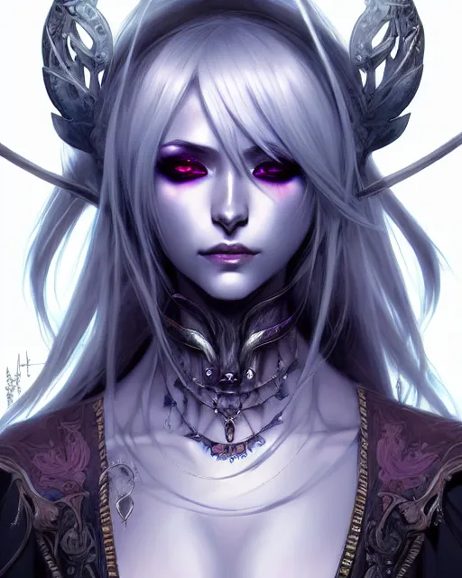 Image similar to portrait of an anime female drow necromancer, hd, illustration, epic, d & d, fantasy, intricate, elegant, highly detailed, digital painting, artstation, concept art, smooth, sharp focus, illustration, art by artgerm and greg rutkowski and alphonse mucha, monster hunter illustrations art book