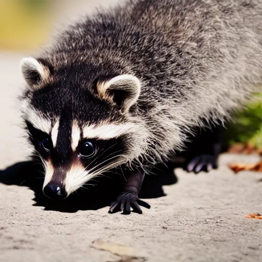 Image similar to a cute baby raccoon playing with a shoe, 5 0 mm f 1. 4