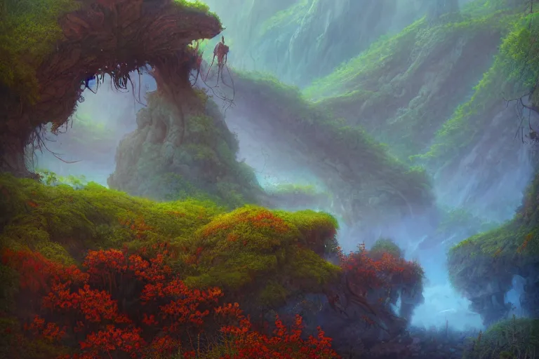 Image similar to digital painting of a foggy lush natural scene on an alien planet by gerald brom. digital render. detailed. beautiful landscape. colourful weird vegetation. cliffs and water.