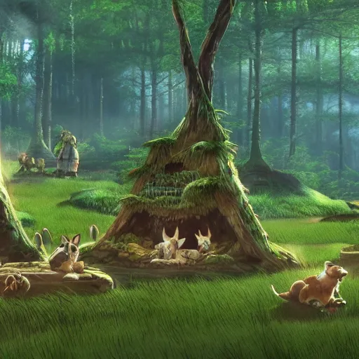 Prompt: dog village in a circular forest, by Miyazaki Nausicaa Ghibli, breath of the wild style, epic composition Trending on Artstation, octane render, Insanely Detailed, 8k, HD