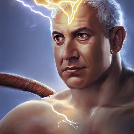 Image similar to benjamin netanyahu as the greek god of lightning, highly detailed, by artgerm and greg rutkowski