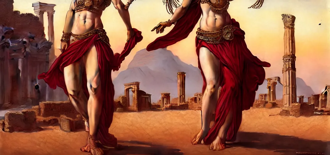 Prompt: renaissance full body portrait of female bellydancers in the desert among ancient ruins, lean and toned, cute face, d & d, intricate, elegant, highly detailed, digital painting, artstation, concept art, matte, sharp focus, illustration, art by da vinci, artgerm and greg rutkowski and alphonse mucha