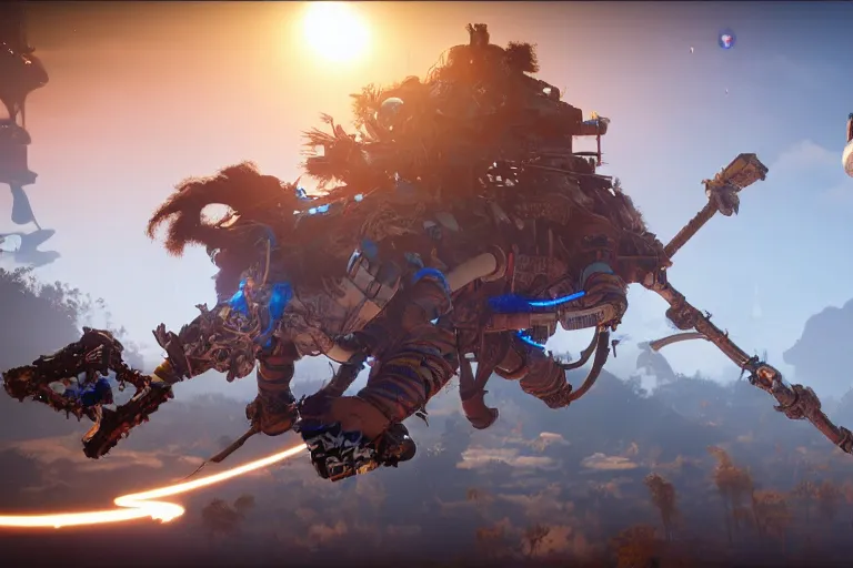 Image similar to cinematic picture of aloy from the horizon zero dawn videogame playing the guitar in the international space station, unreal engine 5