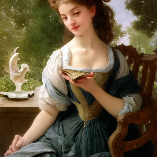 Image similar to A fantasy book style portrait painting of a dressmaker, François Boucher, Oil Painting, unreal 5, DAZ, hyperrealistic, octane render, Regal, Refined, Detailed Digital Art, RPG portrait, William-Adolphe Bouguereau, Michael Cheval, Walt Disney (1937), Volumetric Golden dappled dynamic lighting, Highly Detailed, Cinematic Lighting, Unreal Engine, 8k, HD