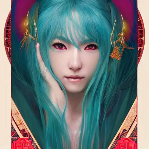 Prompt: a beautiful portrait of hatsune miku with teal colored hair with deep red highlights as an ancient chinese sorceress, space fantasy, in the style of magic the gathering, intricate, elegant, highly detailed, digital painting, artstation, concept art, matte, sharp focus, illustration, art by greg rutkowski and alphonse mucha