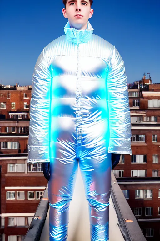 Prompt: un ultra high definition studio quality photographic art portrait of a young man standing on the rooftop of a british apartment building wearing soft inflatable padded iridescent refractive clothing. three point light. extremely detailed. golden ratio, ray tracing, volumetric light, shallow depth of field. set dressed.