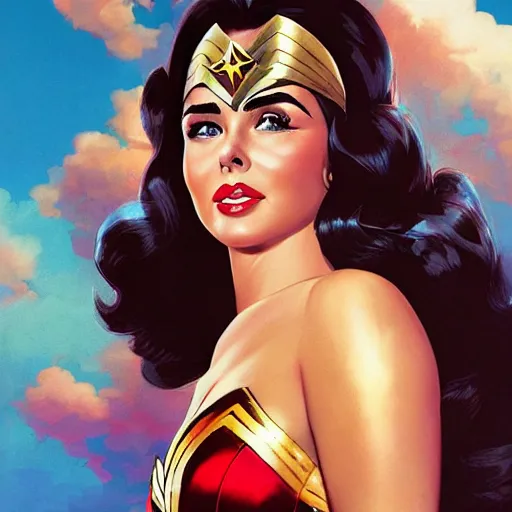 Image similar to portrait of elizabeth taylor as wonder woman. portrait, concept art, sharp focus, smooth, artstation, by alex ross, by huang guangjian and gil elvgren and sachin teng