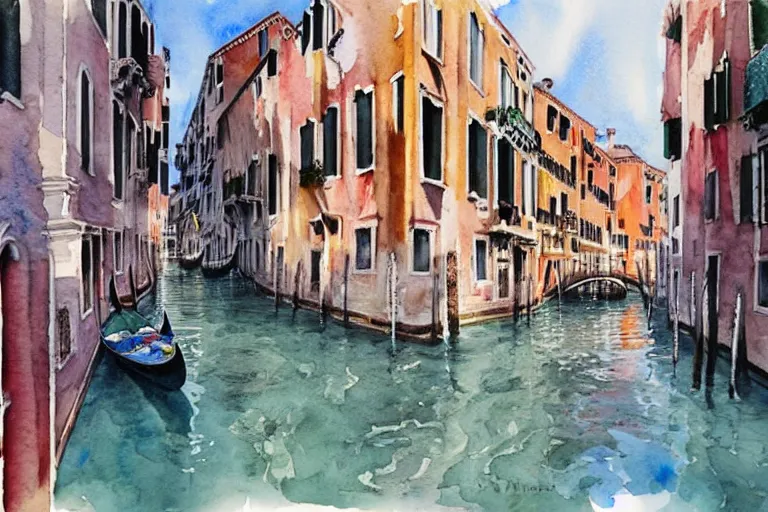 Prompt: !! watercolor!! venice in a sunny day, artwork by tooth wu, colorful contrast,!! very coherent!!, dark shadow, thick lineart