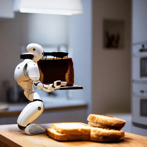 Prompt: in a cozy kitchen, a humanoid robot prepares a jam sandwich on the table, realistic light, soft light, focus, depth of field, photorealism, 8 k quality, full quality, realistic style