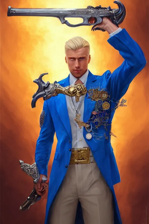 Prompt: side profile of a blonde man in a blue suit with medals on it dual wielding a sword and a pistol, highly detailed, d & d, fantasy digital painting, trending on artstation, concept art, sharp focus, illustration, volumetric light, intricate, art by artgerm and greg rutkowski