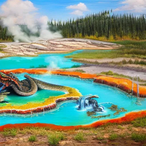 Image similar to highly detailed oil painting of a dragon resting in a colorful hotspring at yellowstone national park, featured on artstation