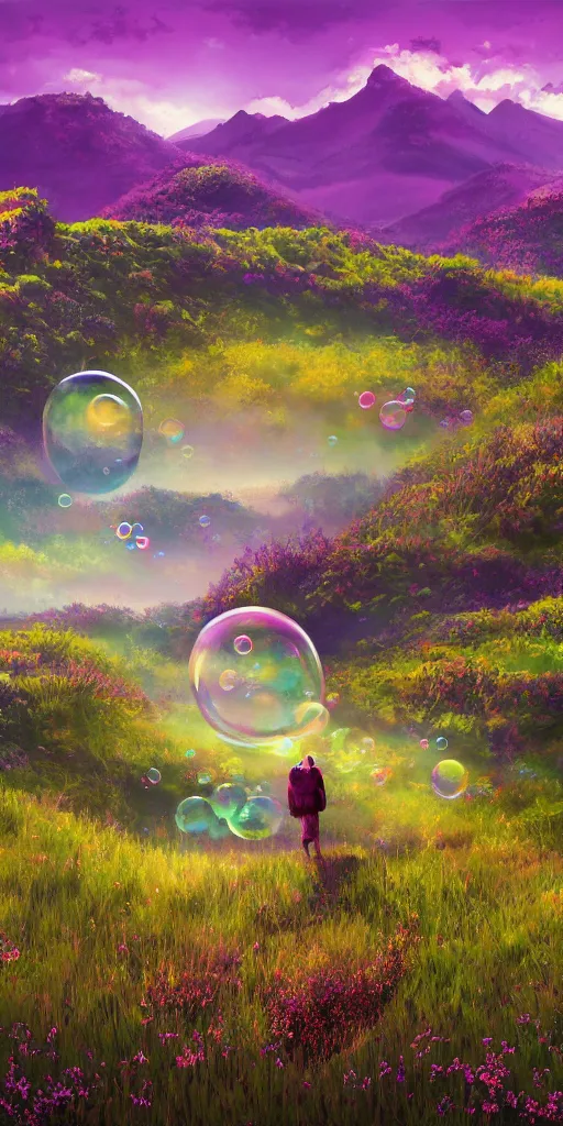 Prompt: bubbles with hiragana characters inside floating around an alien landscape, looming surreal mountains in background, purple foliage, green sky, red grass, cinematic lighting, detailed oil painting, 8k