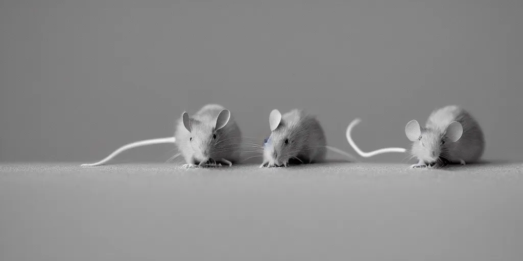 Image similar to a beautiful studio photo of exactly two!!! mice; 90mm; f/1.4; black and white