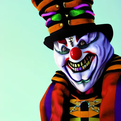 Image similar to a digital art close up portrait of hooded clown jester bard in style of d & d character, handsome warlock character sheet, 4 k, ultra detail, volumetric lighting, unreal engine, octane render, grimdark