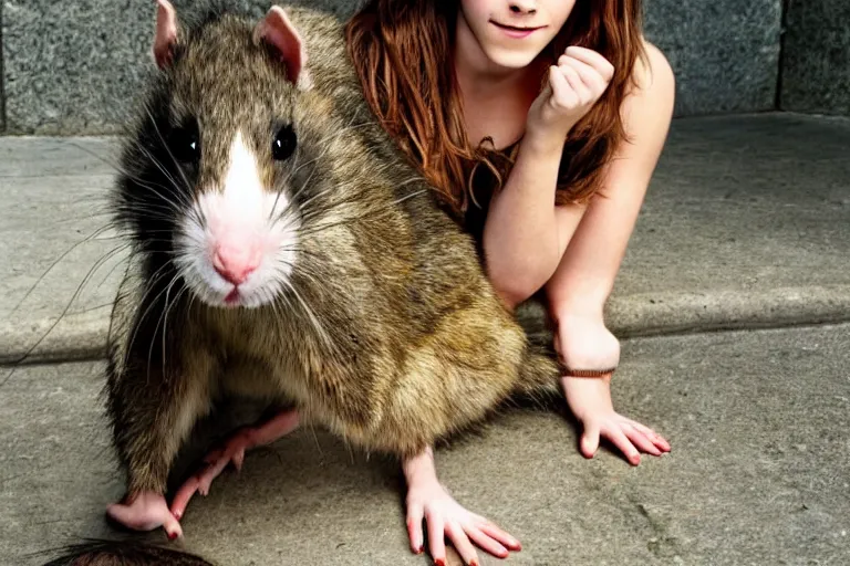 Prompt: photo, emma watson as anthropomorphic furry - rat, she is a real huge fat rat with rat body, cats! are around, eating cheese, highly detailed, intricate details