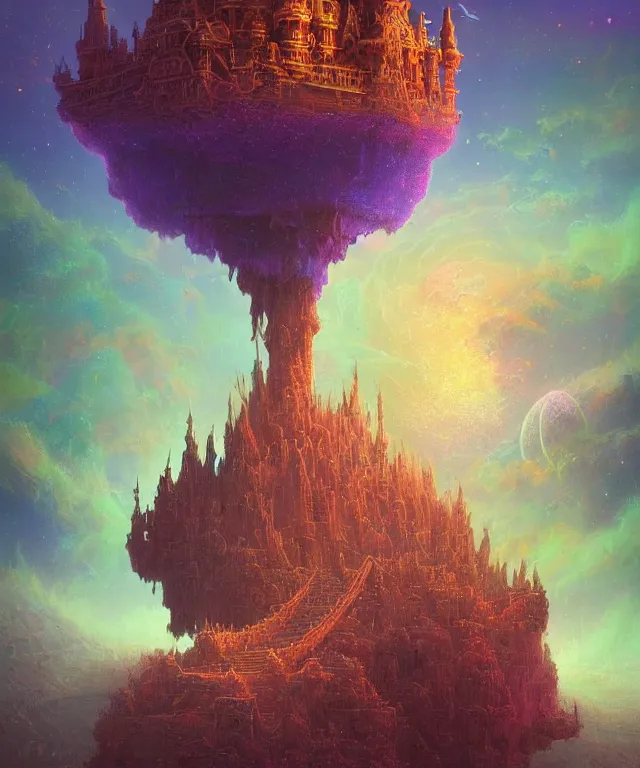 Image similar to an ultra detailed maximalist concept digital art painting of a singular floating island castle, levitating across space in a misty pearlescent nebula by paul lehr kazumasa uchio situated in a starry expanse of bioluminescent cosmic worlds by lee madgwick, beksinski and beeple, ecological art, flying citadel with towers, trending on artstation