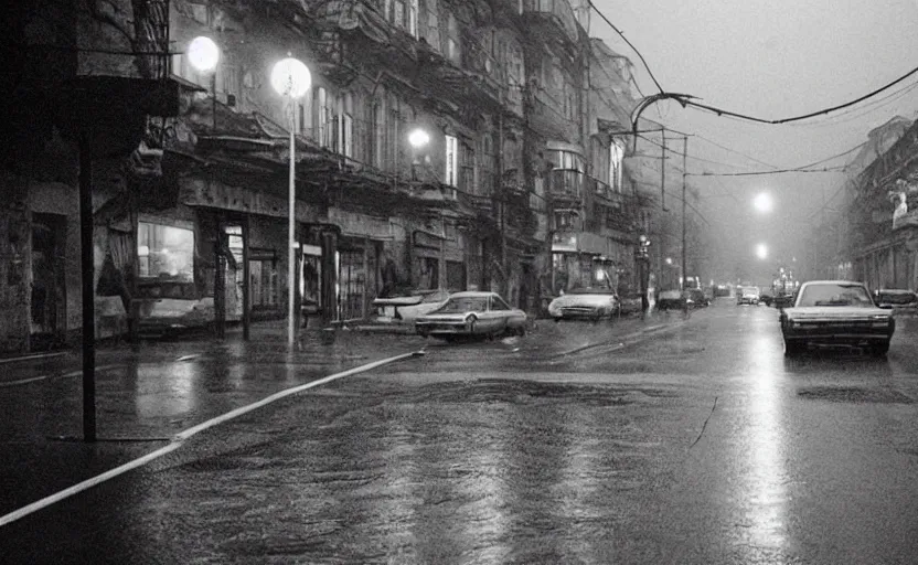 Prompt: 70s movie still of a soviet street from Sarajevo with cars and pedestrian , Cinestill 800t 18mm beuatiful black and white, heavy grainy picture, very detailed, high quality, 4k panoramic, cinematic, neon billboards and streetlight at night, rain, mud, foggy, cloudy