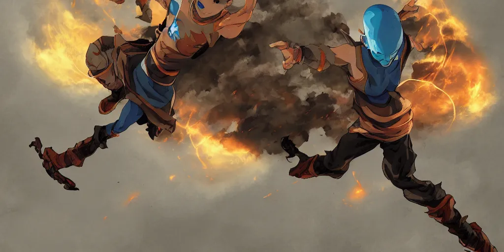 Prompt: Avatar Aang flying above the battlefield and destroying everything. Highly detailed, artstation, dramatic, dark.