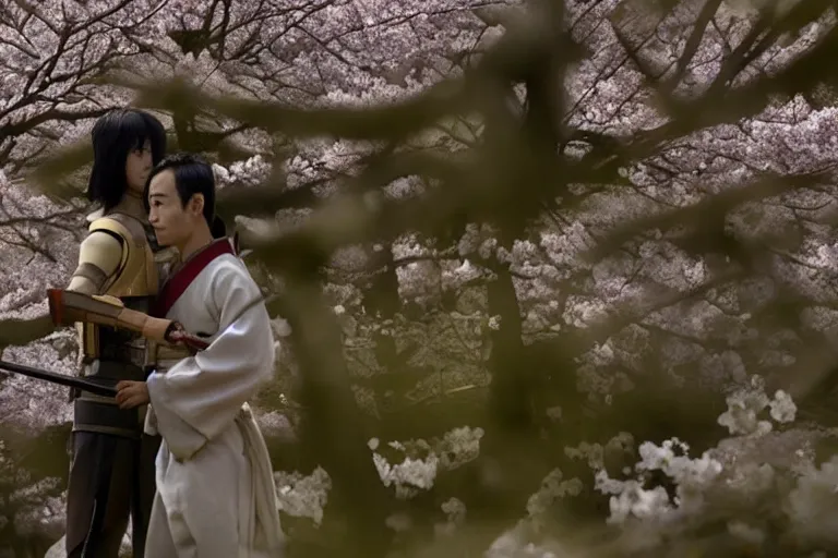 Prompt: vfx movie scene closeup japanese warrior couple, stand off, holding swords, in cherry blossom forest, natural lighting by emmanuel lubezki