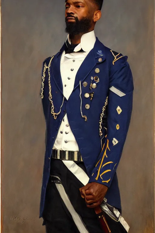 Prompt: full body portrait of the dictator of the orlando magic, 1 8 8 9, in full military garb, magic blue, silver, and black, shaquile o'neil, oil on canvas by william sidney mount, trending on artstation